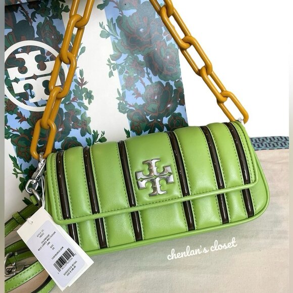 Tory Burch Bombe Kira Stripe Flap Bag Green Leather With Silver Hardware - Picture 6 of 13